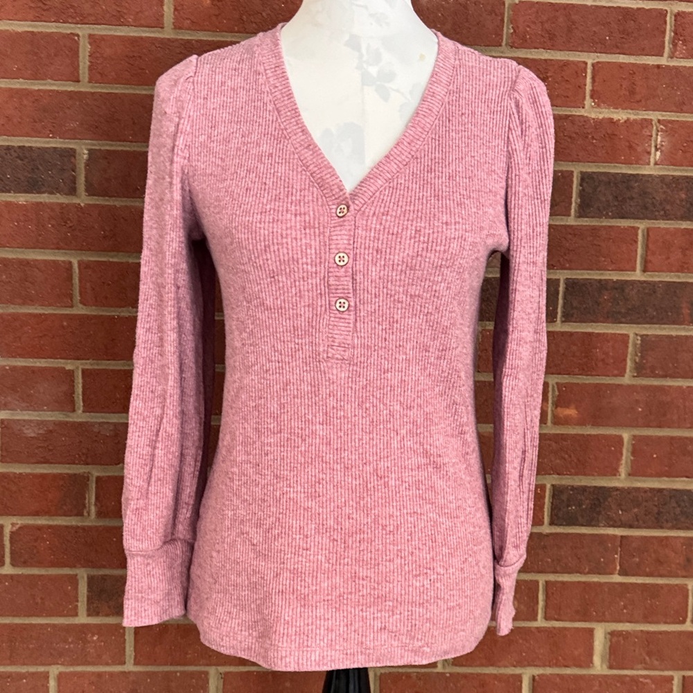 LOFT Pink Ribbed Puff Sleeve Henley
